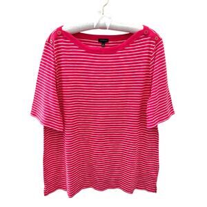 TALBOTS | Hot Pink White Striped Boat Neck Short Sleeve Tee Top | XL